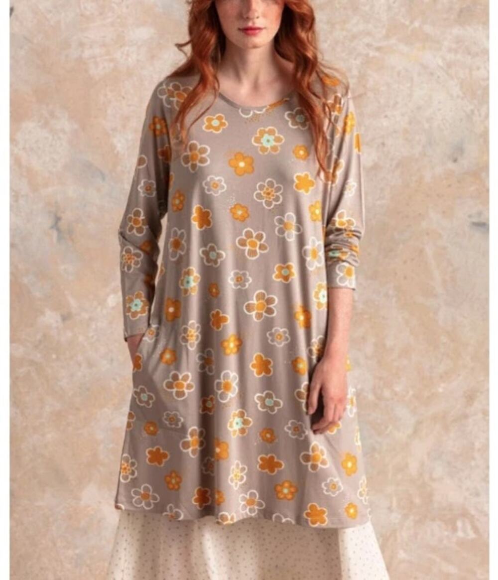 Gudrun Sjoden Aria Dress Floral Tan Yellow Scandinavian Modal Sz M Long Sleeves